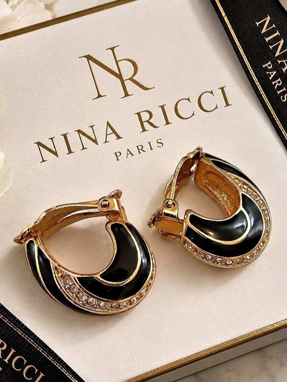 Vintage Nina Ricci Black Enamel Rhinestone Gold Tone Clip On Hoop Earrings